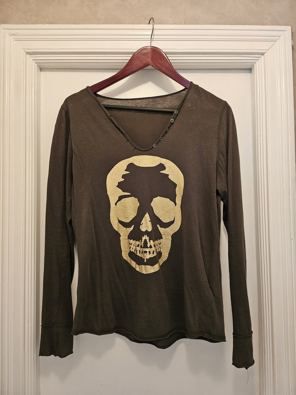 Zadig & Voltaire Olive Green Long-Sleeve Skull Tee with Gold Foil Print
